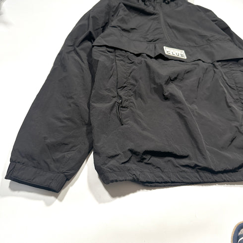 PRO CLUB プロクラブ ブラック アノラックフーデッドジャケット フード付き パーカー メタリックナイロン ハーフジップ ワッペン センターロゴ ドローコード