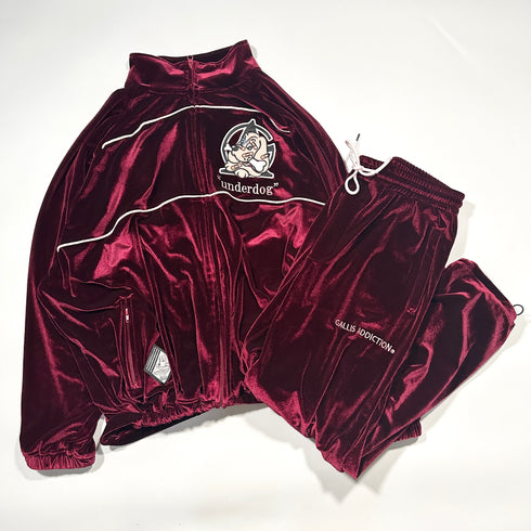 GALFY ガルフィー セットアップ ベロア トラックスーツ トラックジャケット トラックパンツ レッド ボルドー ベルベット ジャージ 刺繍 XL 大型犬 やんちゃ系 Y2K