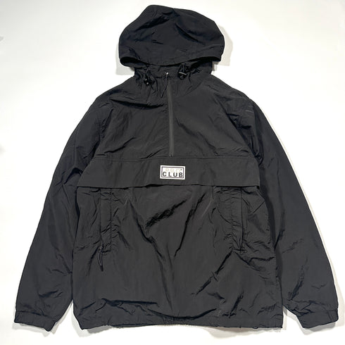 PRO CLUB プロクラブ ブラック アノラックフーデッドジャケット フード付き パーカー メタリックナイロン ハーフジップ ワッペン センターロゴ ドローコード