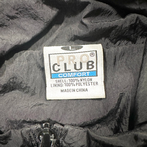 PRO CLUB プロクラブ ブラック アノラックフーデッドジャケット フード付き パーカー メタリックナイロン ハーフジップ ワッペン センターロゴ ドローコード