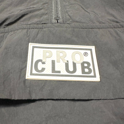 PRO CLUB プロクラブ ブラック アノラックフーデッドジャケット フード付き パーカー メタリックナイロン ハーフジップ ワッペン センターロゴ ドローコード