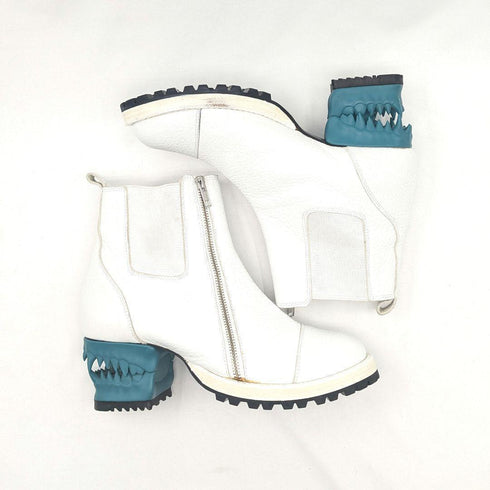 hazama ハザマ 宣戦布告のヒールブーツ 25 レザー サイドゴア ジップ ホワイト グリーン